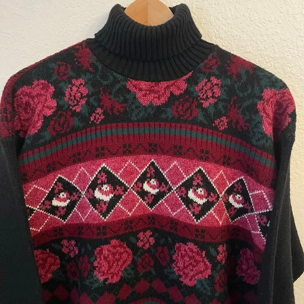 Vintage Cottagecore Turtleneck‎ Sweater Small Rose Floral Tunic Chunky Knit USA